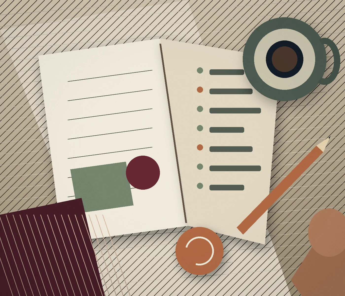 Cahier ouvert, tasse et crayon